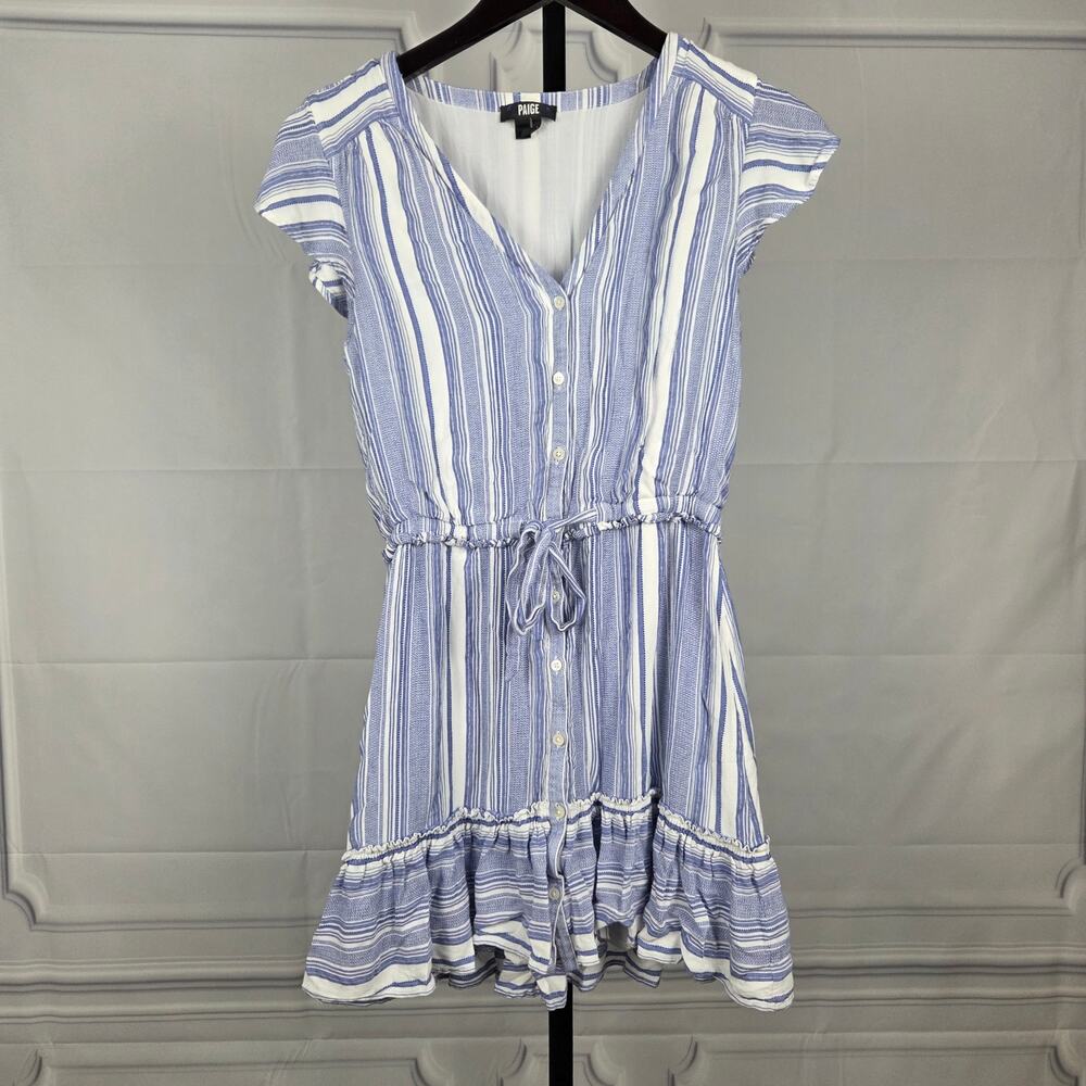 PAIGE Blue White Striped Ruffle Hem Button Front Dress Size S